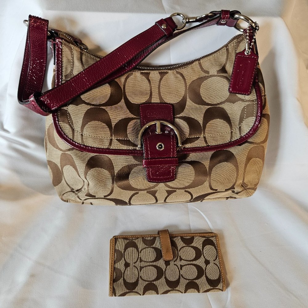 Coach Soho Shoulder Bag in tan with red accents with wallet Excellent shape!